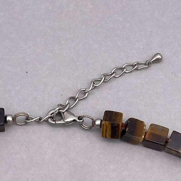 Tiger Eye Chunky Cubes Necklace Silver Tone Lobster Closure 17 to 19 Inch - Picture 5 of 6